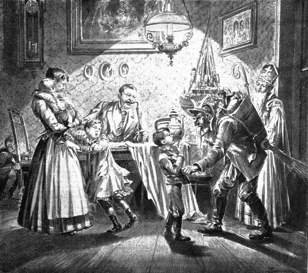 1896 Austrian newspaper illustration of St. Nicholas with Krampus
