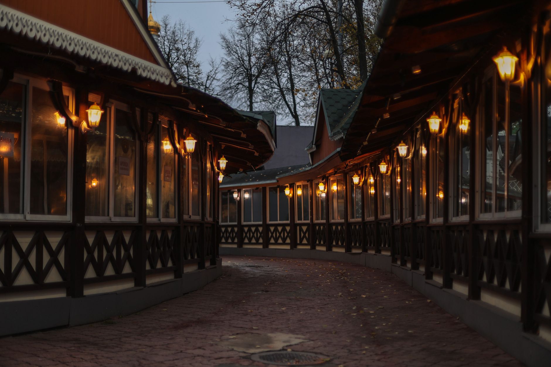 A quaint street lined with warm glowing lamps and rustic architecture during twilight.