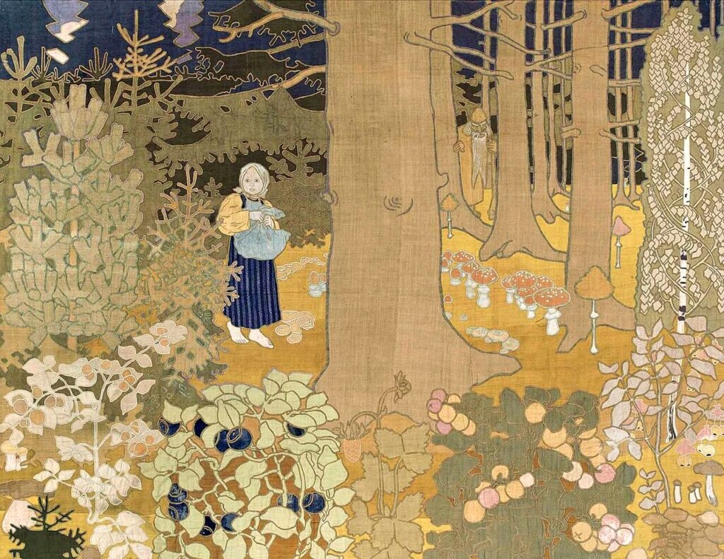 Maria Yakunchikova's 1899 patchwork panel design showing a girl and a leshy