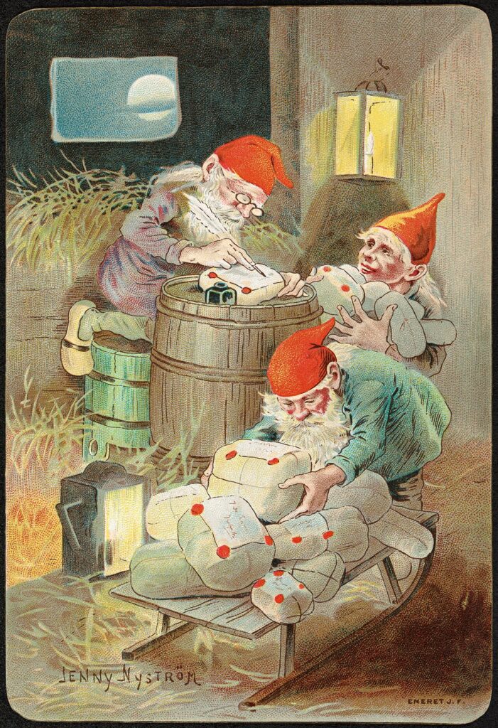 Jenny Nyström's c. 1899 Christmas card of a jultomte (Swedish Christmas gnome)