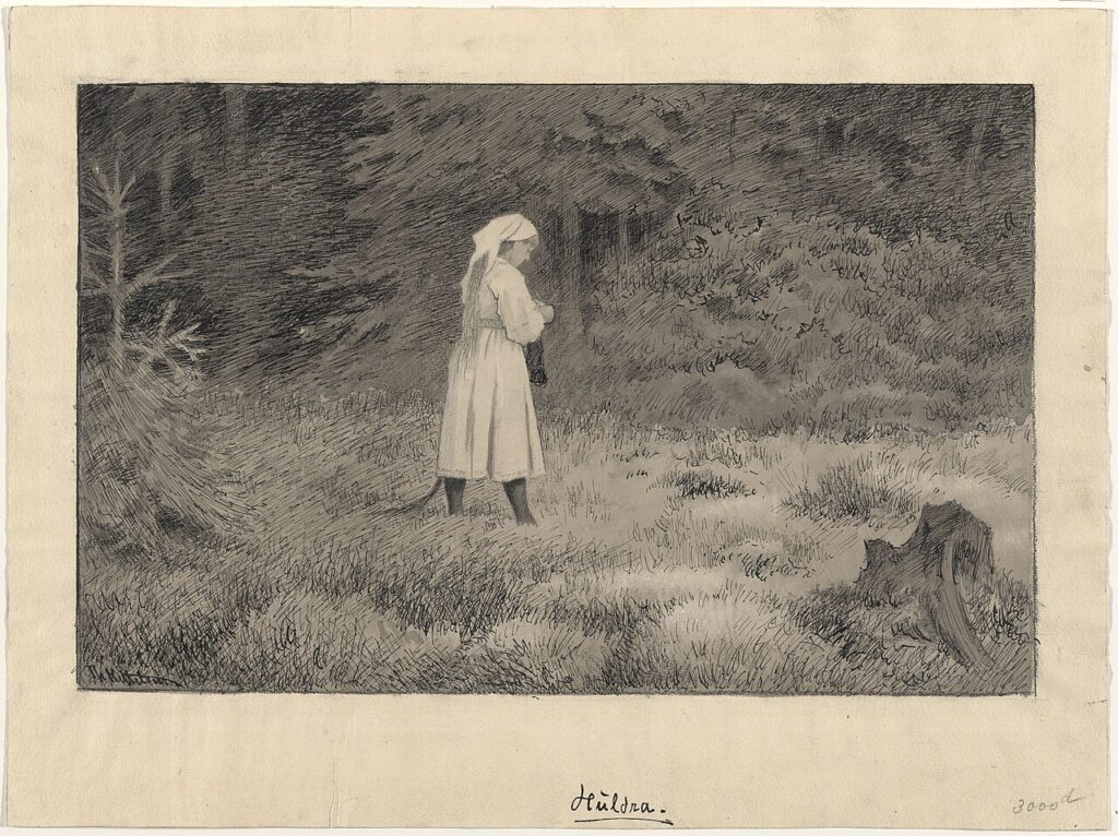 Pencil drawing of the Norwegian forest woman Huldra by Theodor Kittelsen, 1892
